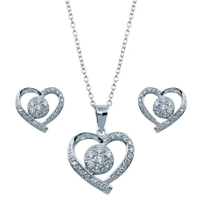 Rhodium Plated 925 Sterling Silver Open Heart Clear Outline CZ Matching Set – BGS00107