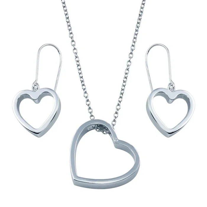 Rhodium Plated 925 Sterling Silver Open Heart Hook Earring and Necklace Set – BGS00035