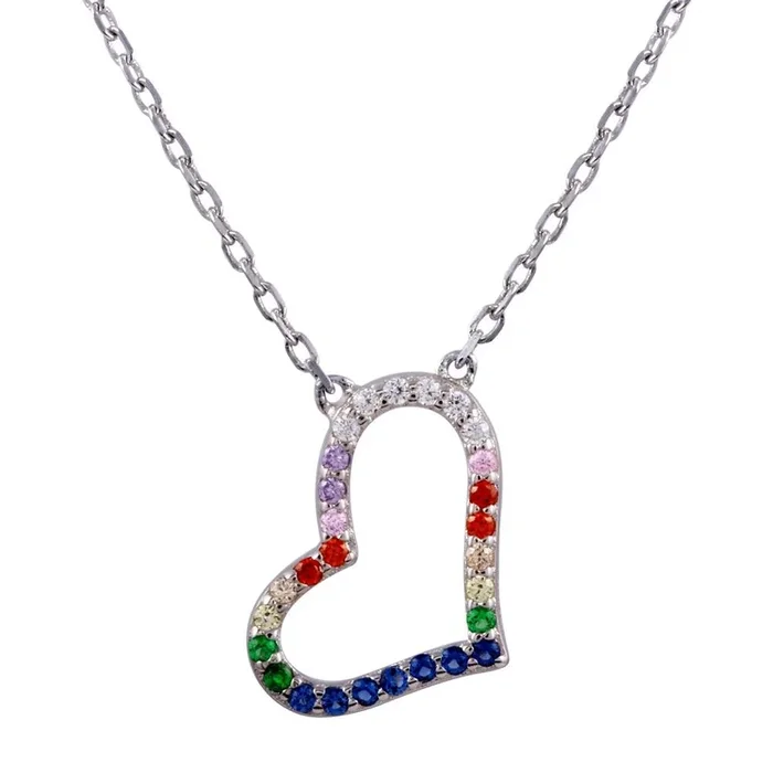 Rhodium Plated 925 Sterling Silver Open Heart Multi Color CZ Necklace – STP01760