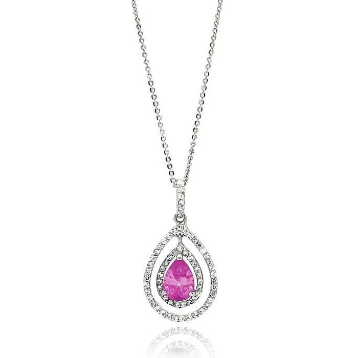 Rhodium Plated 925 Sterling Silver Open Pink Teardrop Center CZ Necklace – BGP00665