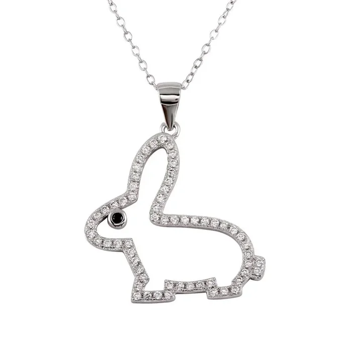 Rhodium Plated 925 Sterling Silver Open Rabbit Pendant with CZ – STP01598