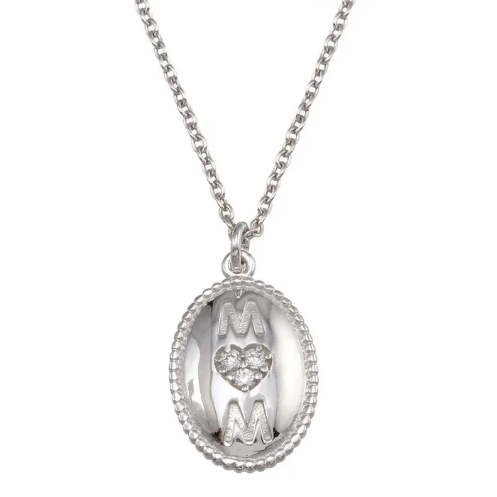 Rhodium Plated 925 Sterling Silver Oval Mom Heart CZ Pendant Necklace – SOP00167