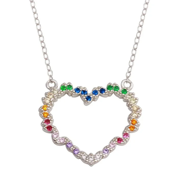 Rhodium Plated 925 Sterling Silver Rainbow Multi Color CZ Hearts Necklace – STP01745