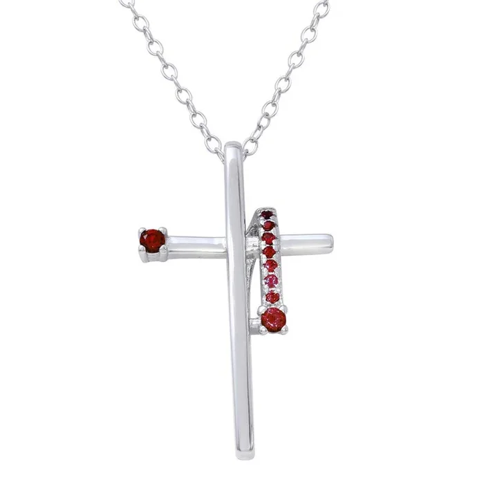 Rhodium Plated 925 Sterling Silver Red CZ Designed Cross Necklace – BGP01273GAR