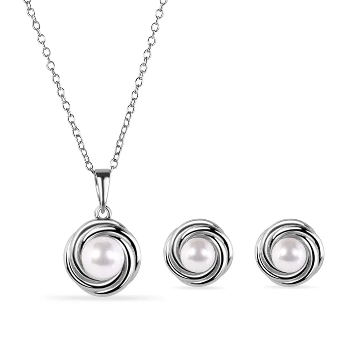 Rhodium Plated 925 Sterling Silver Round Swirl Design Syntethic Mother of Pearl Necklace and Stud Earring Matching Set – BGS00628
