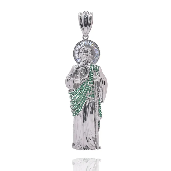 Rhodium Plated 925 Sterling Silver Saint Jude Clear Baguette and Green Round CZ 43.5mm x 139.2mm Pendant – PAP00192