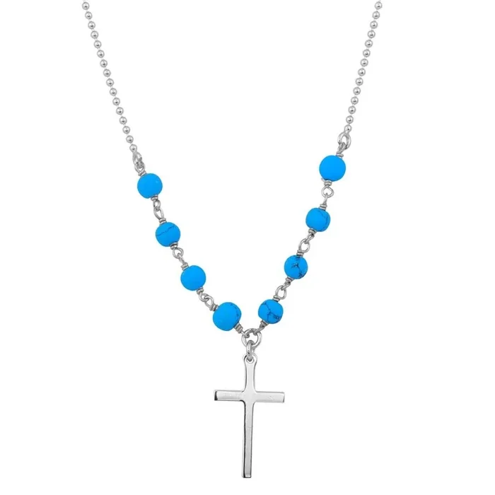 Rhodium Plated 925 Sterling Silver Small Cross Necklace with Turquoise Beads – DIN00089RH