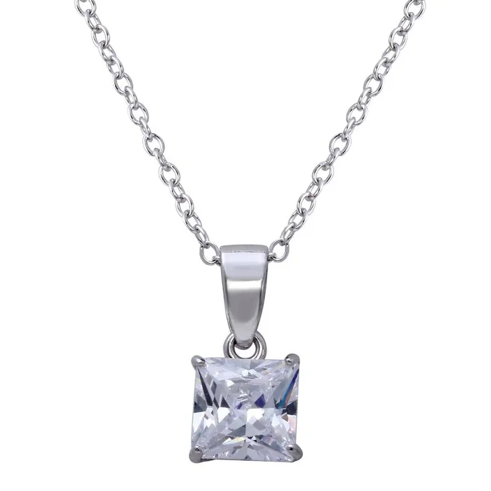 Rhodium Plated 925 Sterling Silver Square Clear CZ Solitaire Necklace – STP01629RH