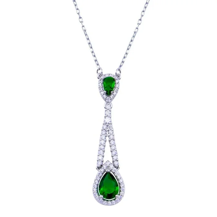 Rhodium Plated 925 Sterling Silver Teardrop Green CZ Necklace – BGP01423
