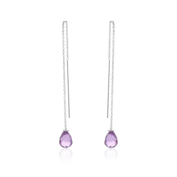 Rhodium Plated 925 Sterling Silver Threaded CZ Tear Drop Earrings- SPE00013