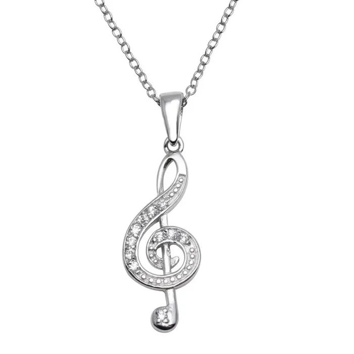 Rhodium Plated 925 Sterling Silver Treble Clef Pendant Necklace – STP01118