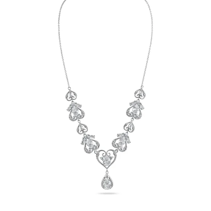 Rhodium Plated 925 Sterling Silver Victorian Hearts Teardrop Clear CZ Necklace – STP01841