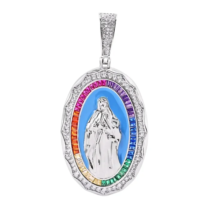 Rhodium Plated 925 Sterling Silver Virgin Mary Multicolor Baguette Stone and Clear CZ Pendant – SLP00380