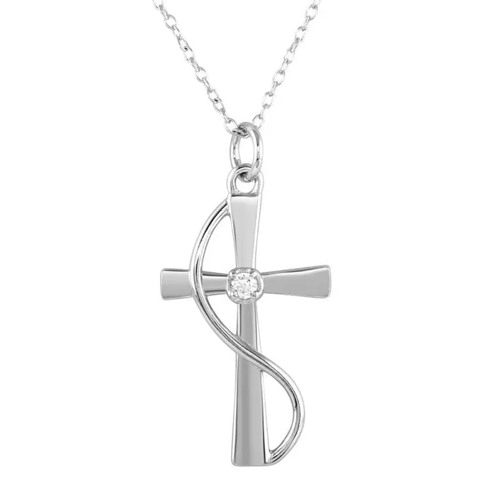 Rhodium Plated 925 Sterling Silver Wrapped Cross Pendant Necklace with CZ – STP01620