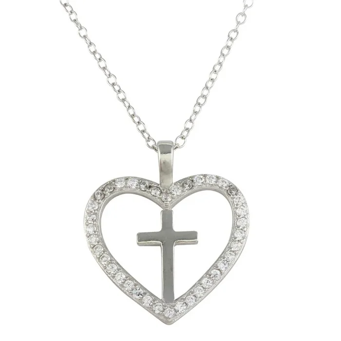 Rhodium Plated 925 Sterling SilverHeart and Cross Necklace with CZ – STP01555