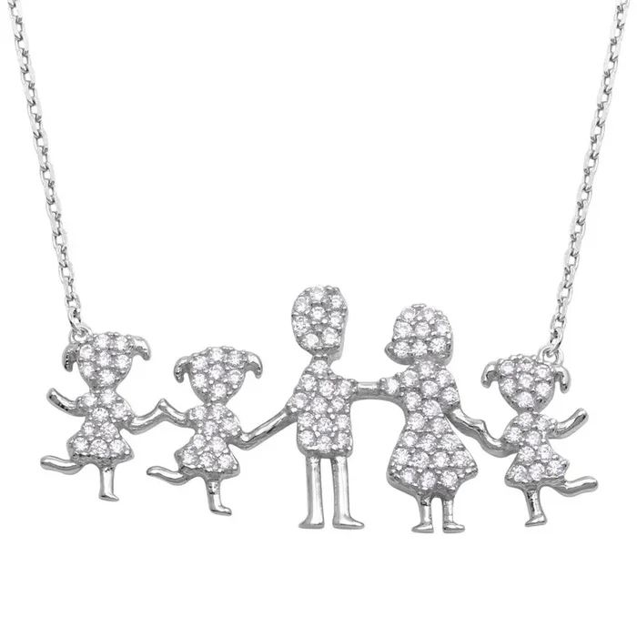 Rhodium Plated 925 Sterling SilverMom, Dad, and 3 Daughters Family Necklace with CZ – GMN00068