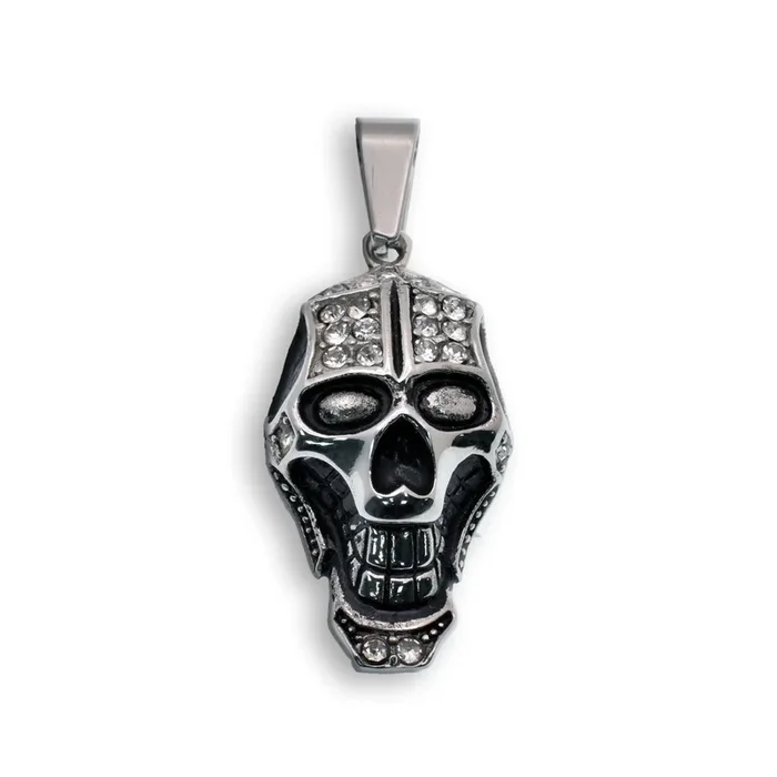 Rhodium Plated Stainless Steel Accented Skull Gothic Biker Clear CZ 17.5mm x 30mm Pendant – SSP00319