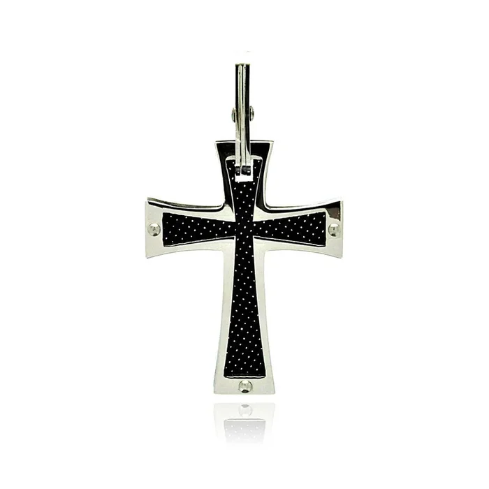 Rhodium Plated Stainless Steel Carbon Fiber Checkered Cross Pendant – SSP00206