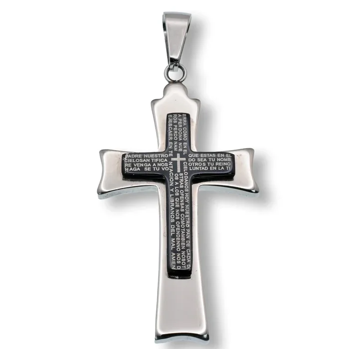 Rhodium Plated Stainless Steel Elegant Black Enamel Prayer Cross 26.3mm x 42.8mm Pendant – SSP00252