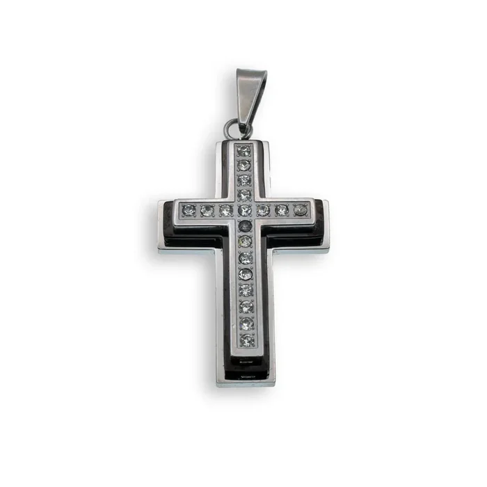 Rhodium Plated Stainless Steel Layered Cross Clear CZ Cross Pendant – SSP00152