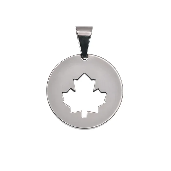 Rhodium Plated Stainless Steel Maple Leaf Disc Pendant – SSP00515