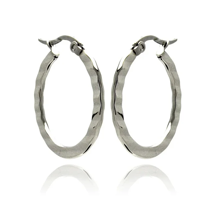 Rhodium Plated Stainless Steel Plain Flat Crinkle Hoop Earrings – SSE00045
