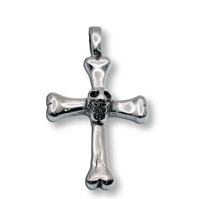 Rhodium Plated Stainless Steel Skull and Bone Cross Gothic Detailed 22.8mm x 41.1mm Pendant – SSP00295