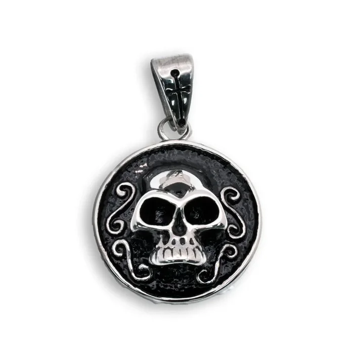 Rhodium Plated Stainless Steel Skull Gothic Detailing Dark and Edgy Round 26mm Pendant – SSP00310