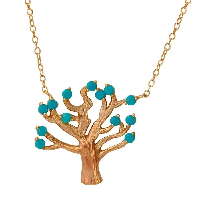 Rose Gold Plated 925 Sterling Silver Tree Necklace with Turquoise Beads – STP01583RGP