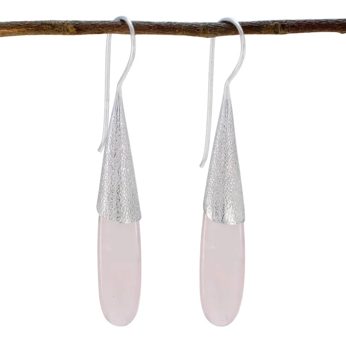 Rose Quartz Mexican Sakura Solitaire Dangle Pink 925 Sterling Silver Earring