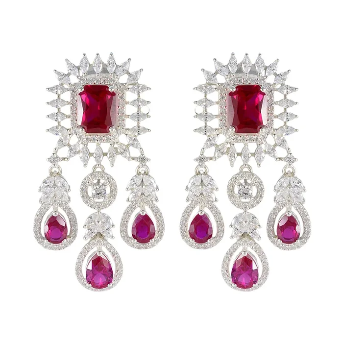 Ruby CZ Indian Ayesha multiple Stud Red Silver Earring