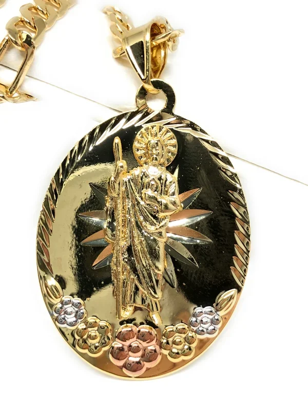 San Judas Tadeo Flores Medalla Gold Plated Saint Jude Pendant Flower Necklace 26″