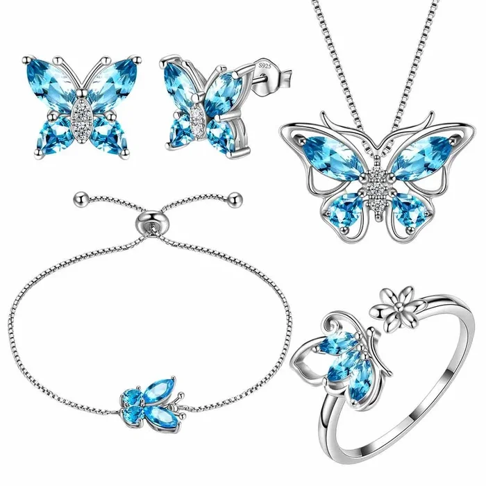 Schmetterlings-Geburtsstein-März-Aquamarin-Schmuckset, 5-teiliges Damen- und Mädchen-Geburtstagsgeschenk