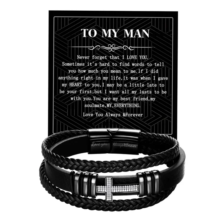 Schwarzes Lederarmband für Männer Edelstahl Kreuz Armband Armreif