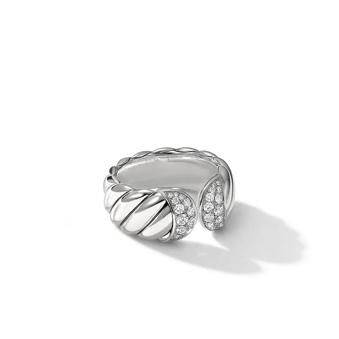 Sculpted Cable Ring in Sterling Silver with Diamonds, 10mm