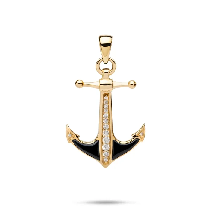 Sealife Anchor Black Coral Pendant in Gold with Diamonds – 21mm