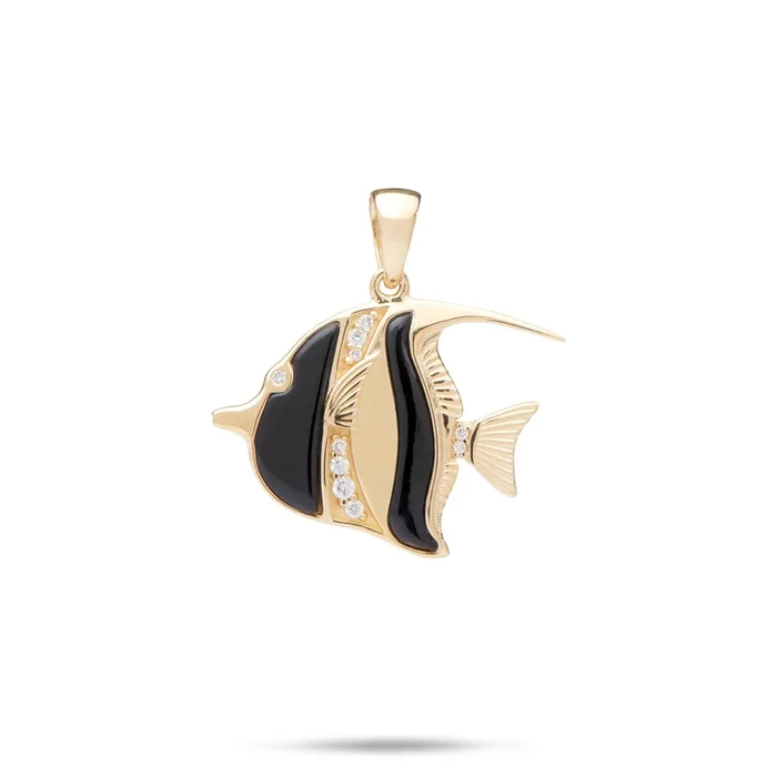 Sealife Angelfish Black Coral Pendant in Gold with Diamonds – 23mm