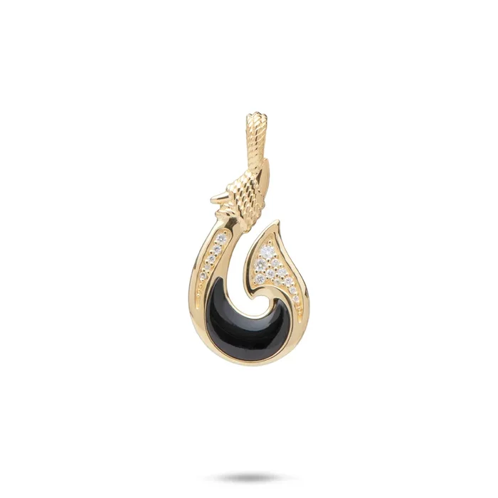 Sealife Fish Hook Black Coral Pendant in Gold with Diamonds – 27mm
