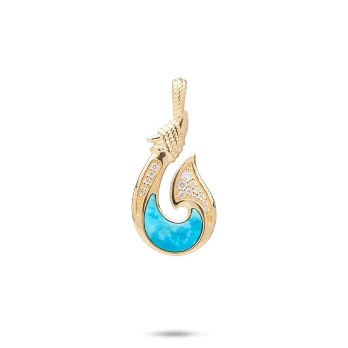 Sealife Fish Hook Turquoise Pendant in Gold with Diamonds – 27mm