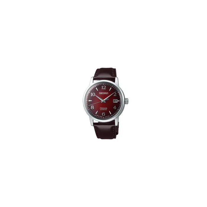 Seiko Presage automatic date watch red dial leather strap 38,5 mm