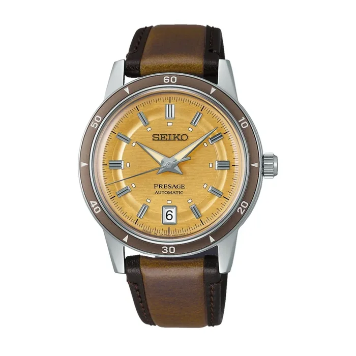 Seiko Presage Style 60s automatic watch with champagne dial and leather strap, 39.5 mm- Lepage