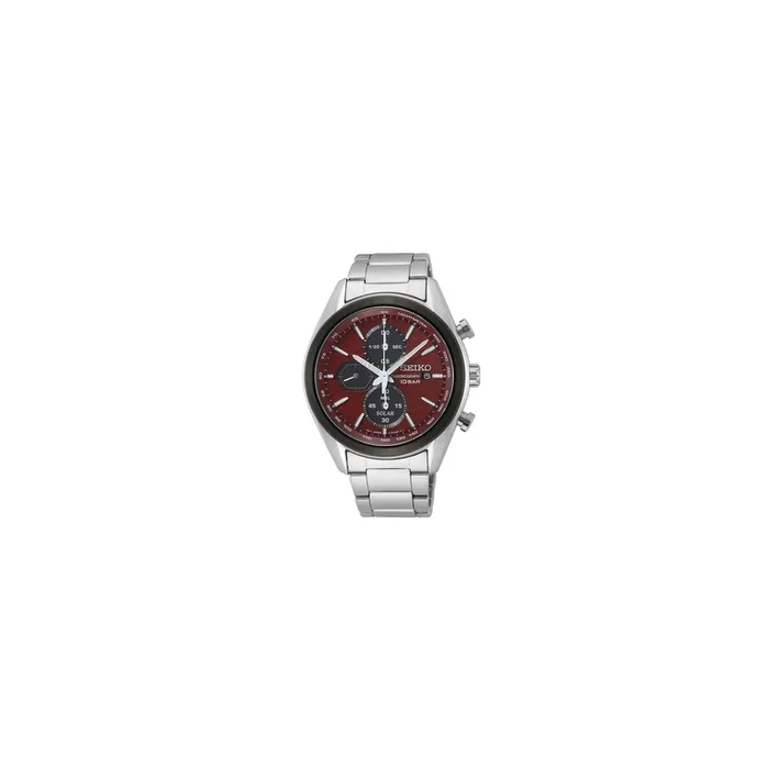 Seiko Sport quartz solar chrono watch red dial steel bracelet 41,2 mm