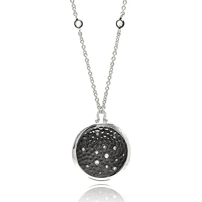 Silver 925 Black Rhodium Plated Black and Clear CZ Circular Pendant Necklace – STP01343