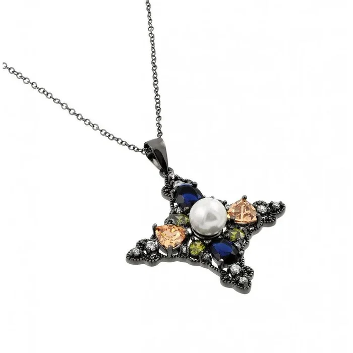 Silver 925 Black Rhodium Plated Multi-Color CZ Stones and Pearl Pendant Necklace – BGP00930