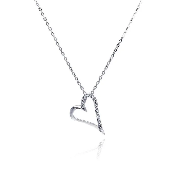 Silver 925 Clear CZ Rhodium Plated Open Heart Pendant Necklace – BGP00033