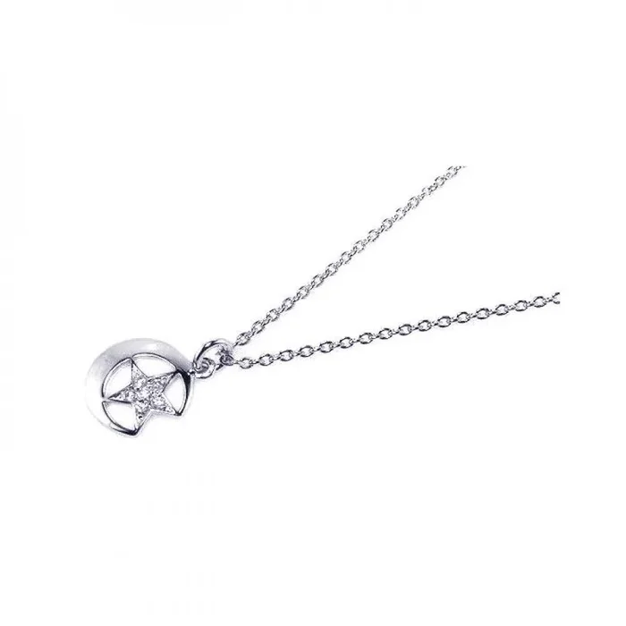 Silver 925 Clear CZ Rhodium Plated Sun Star Pendant Necklace – STP00387