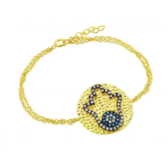 Silver 925 Gold Plated Circle Hamsa Black Evil Eye CZ Outline Bracelet – BGB00191
