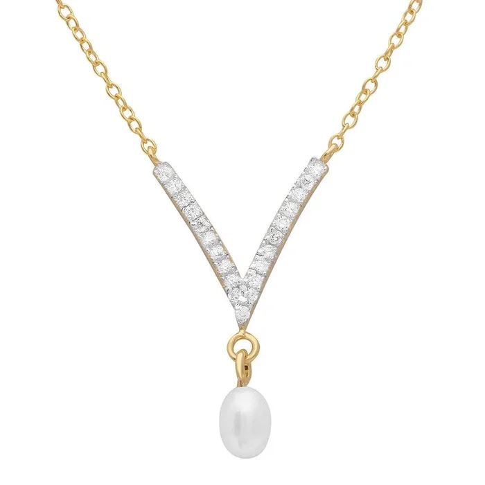 Silver 925 Gold Plated V Shape CZ Necklace with Hanging Fresh Water Pearl – STP01525GP