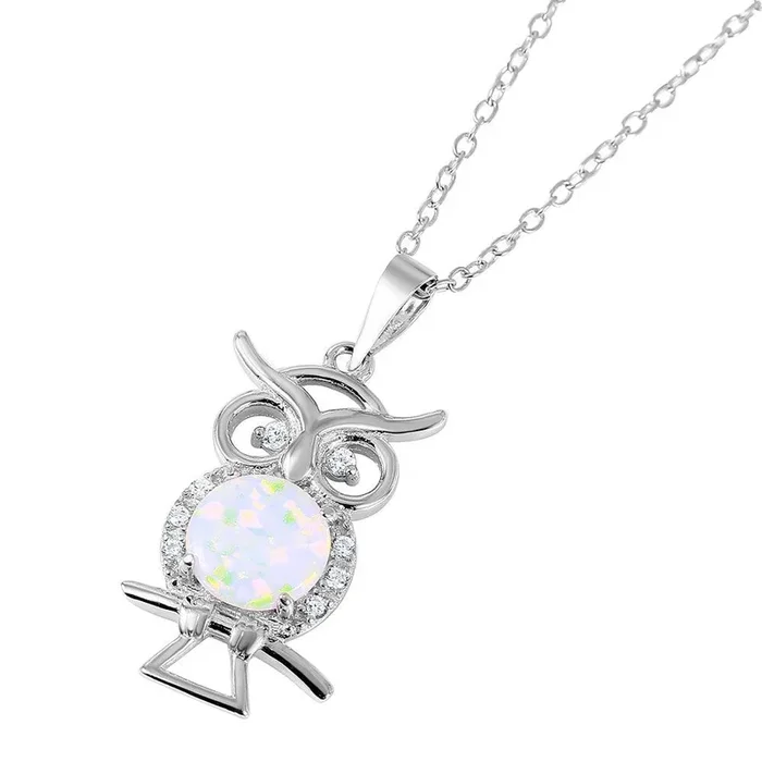Silver 925 Nickel Free Rhodium Plated Owl with Opal Center Stone Necklace – BGP01049