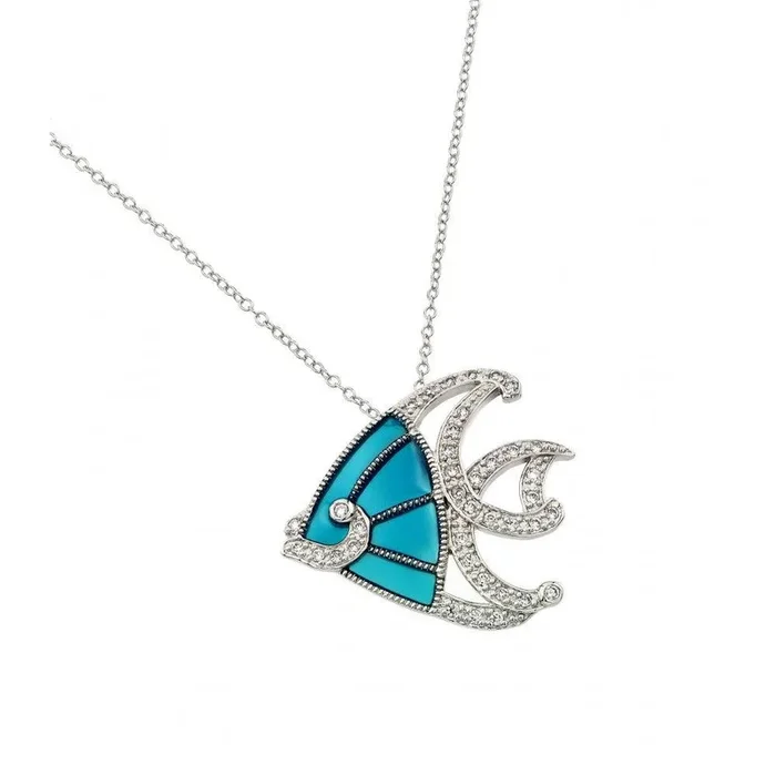 Silver 925 Rhodium and Black Rhodium Plated Clear CZ Stone Blue Fish Pendant Necklace – BGP00856
